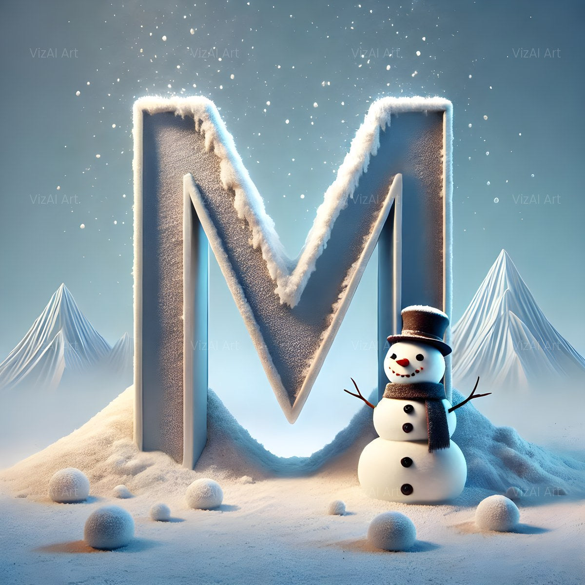 Christmas Snowman Starlight Cheer alphabet — printable letter M