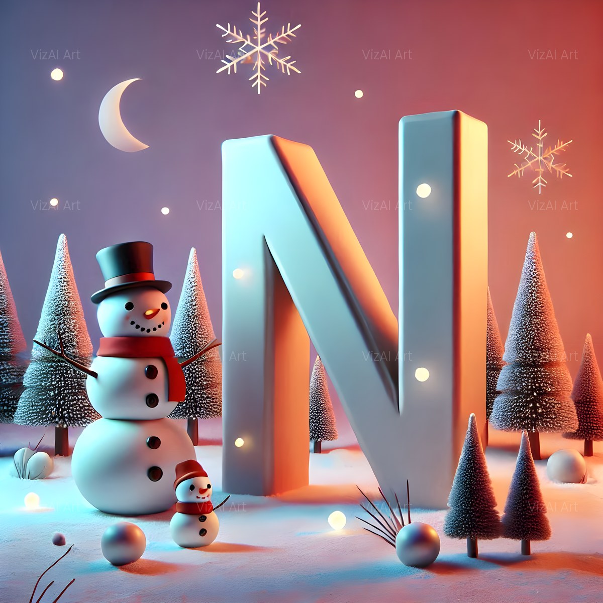 Christmas Snowman Starlight Cheer alphabet — printable letter N