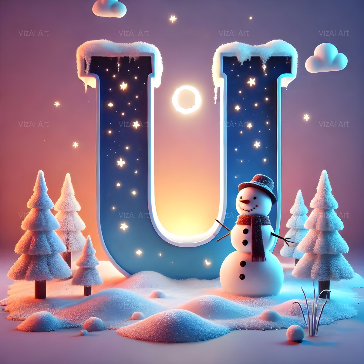Christmas Snowman Starlight Cheer alphabet — printable letter U