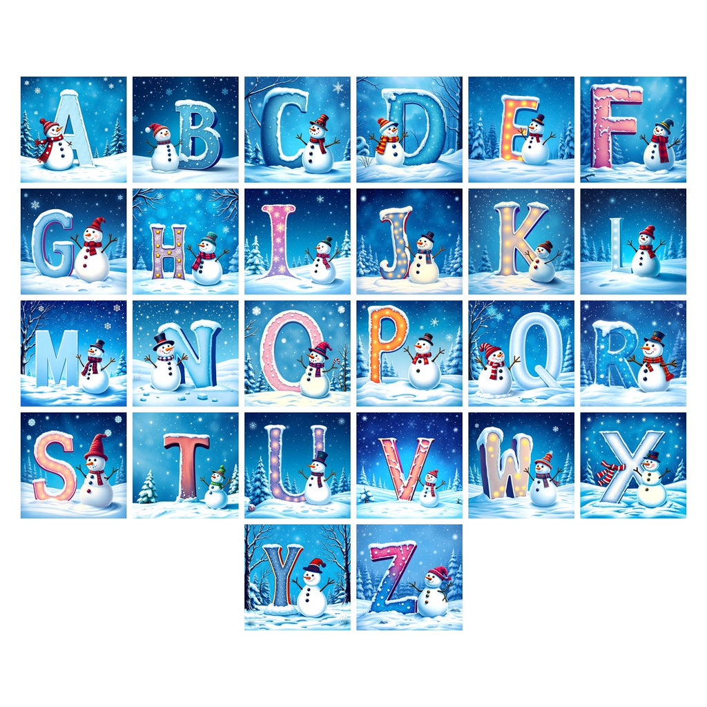 Christmas Frosted Snowman Joy alphabet — all 26 letters A to Z, choose any single letter