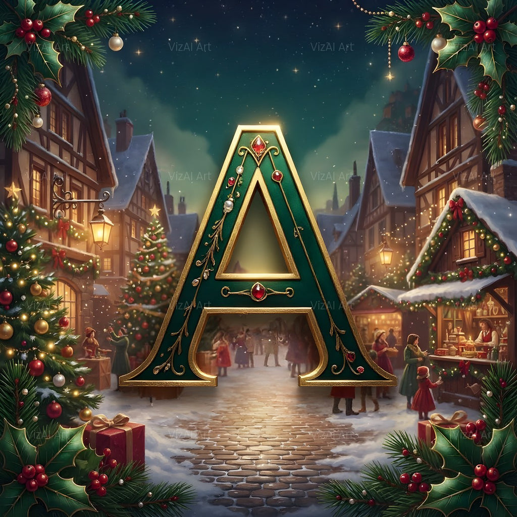 Christmas Snowy Village Night alphabet — printable letter A