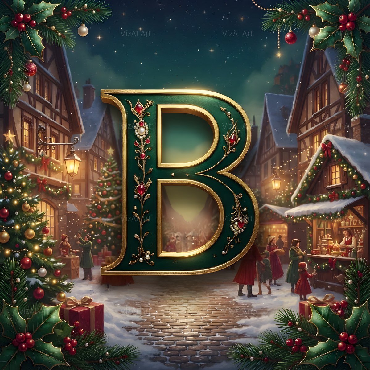 Christmas Snowy Village Night alphabet — printable letter B