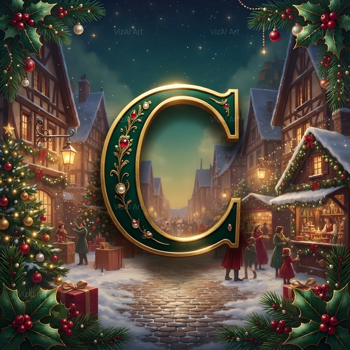 Christmas Snowy Village Night alphabet — printable letter C