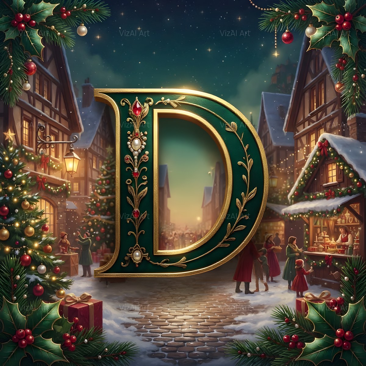 Christmas Snowy Village Night alphabet — printable letter D