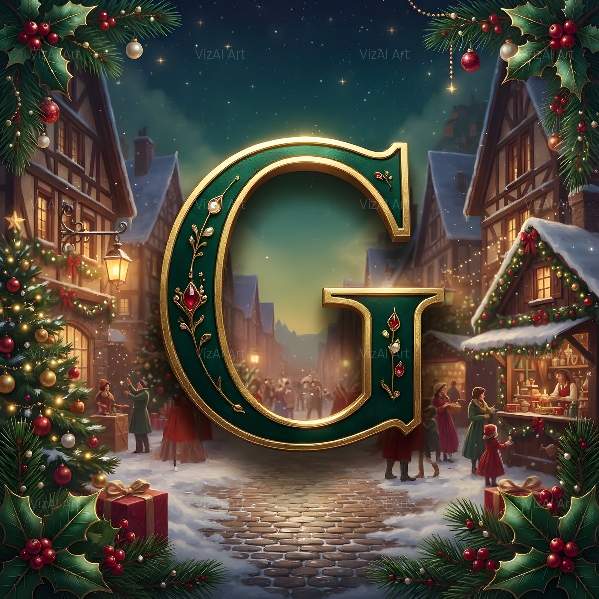 Christmas Snowy Village Night alphabet — printable letter G
