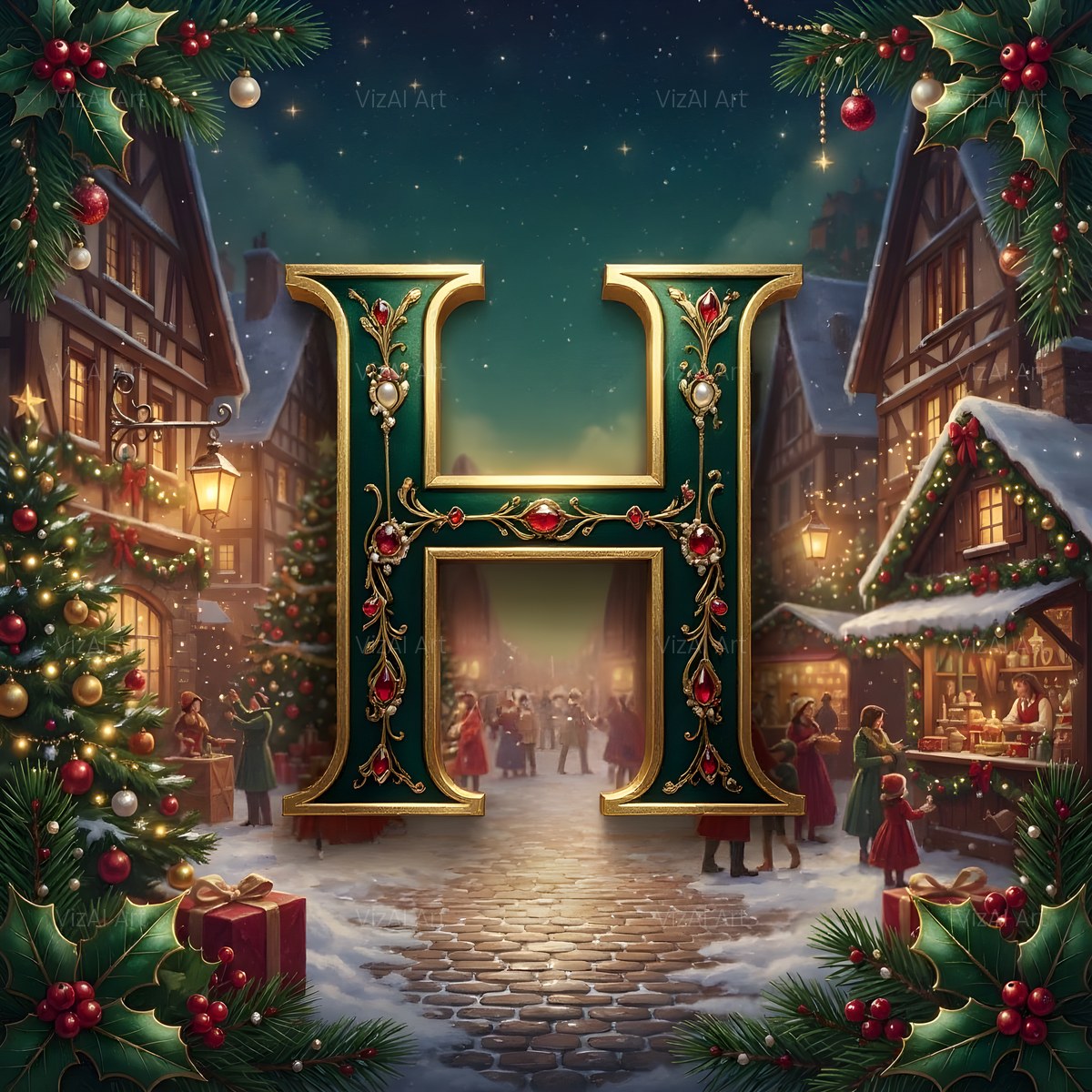 Christmas Snowy Village Night alphabet — printable letter H