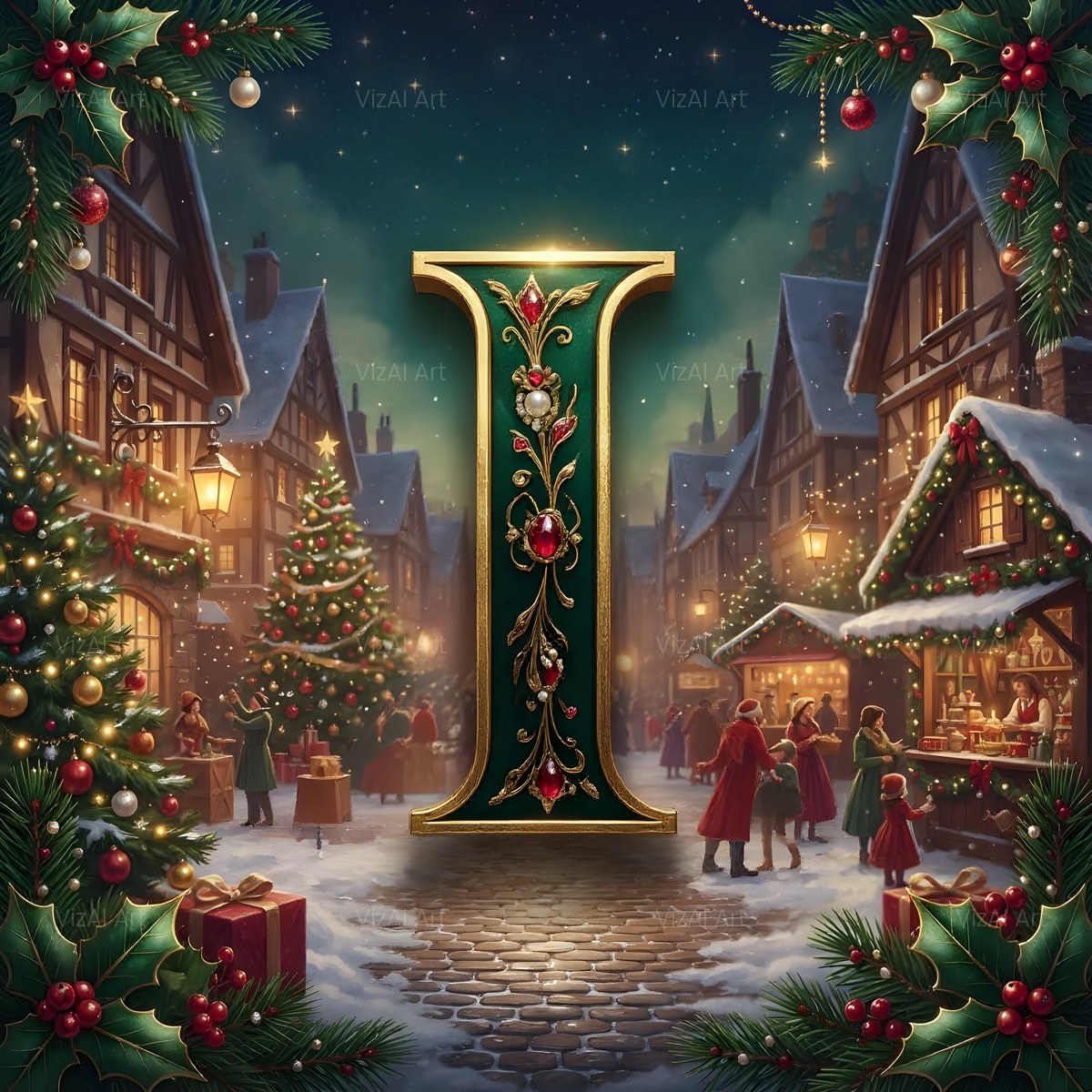 Christmas Snowy Village Night alphabet — printable letter I