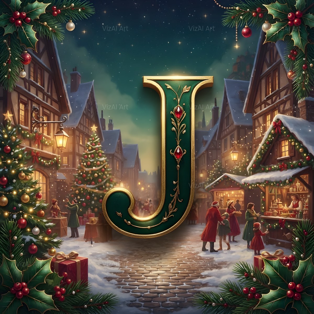 Christmas Snowy Village Night alphabet — printable letter J