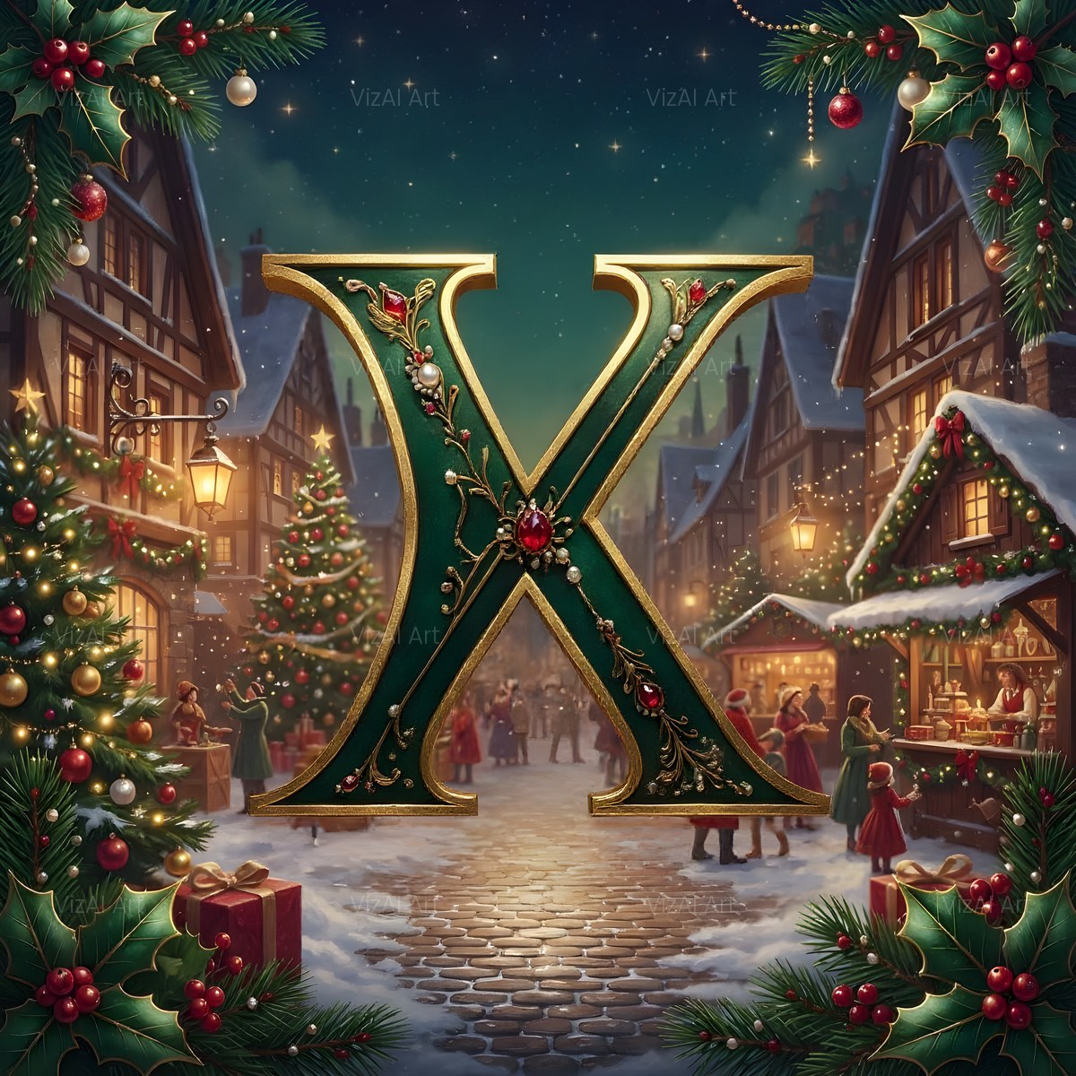 Christmas Snowy Village Night alphabet — printable letter K