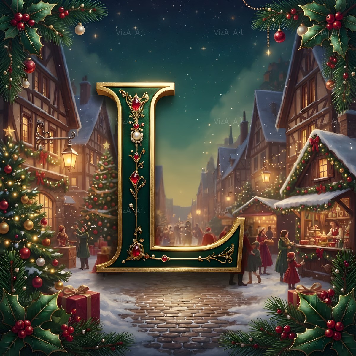 Christmas Snowy Village Night alphabet — printable letter L