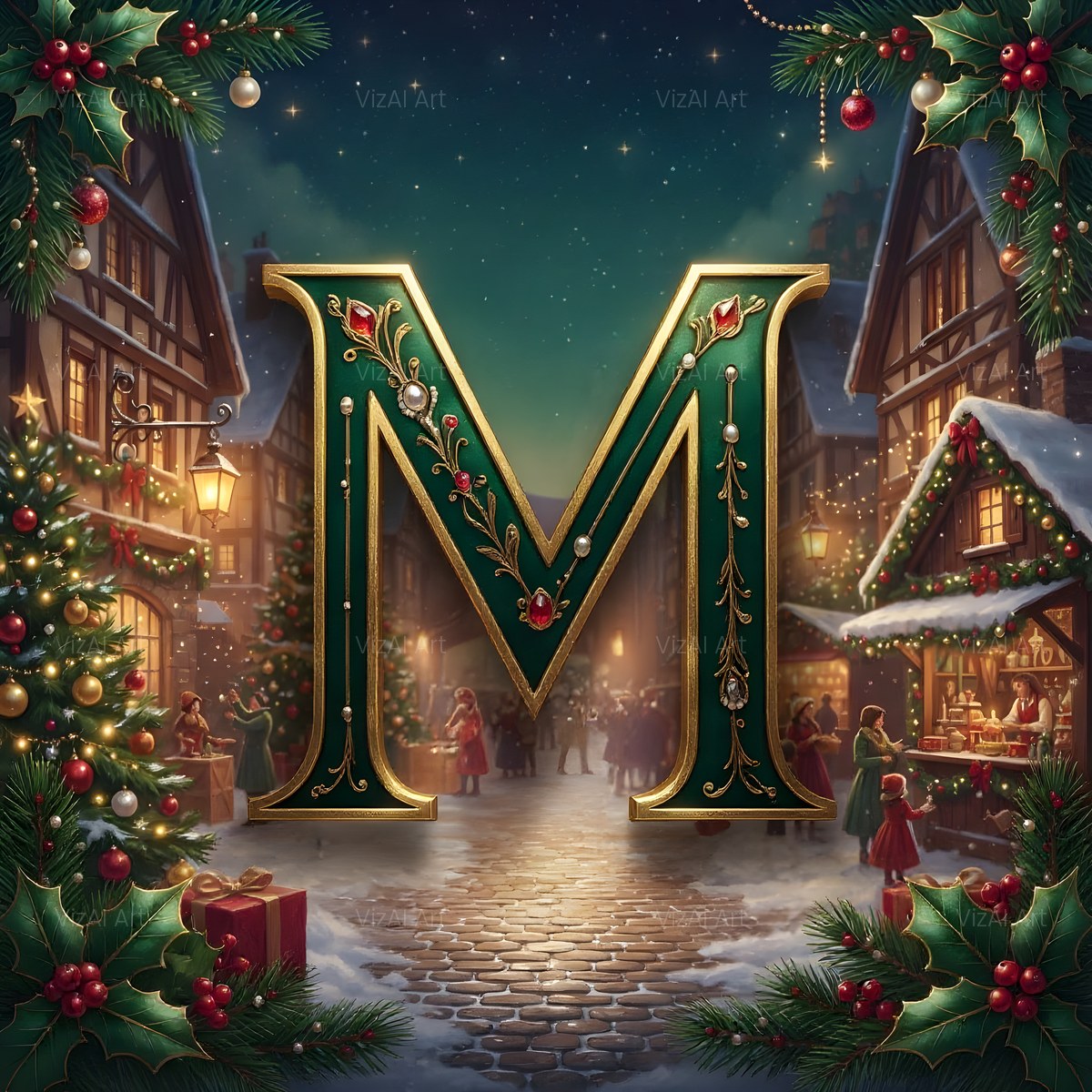 Christmas Snowy Village Night alphabet — printable letter M