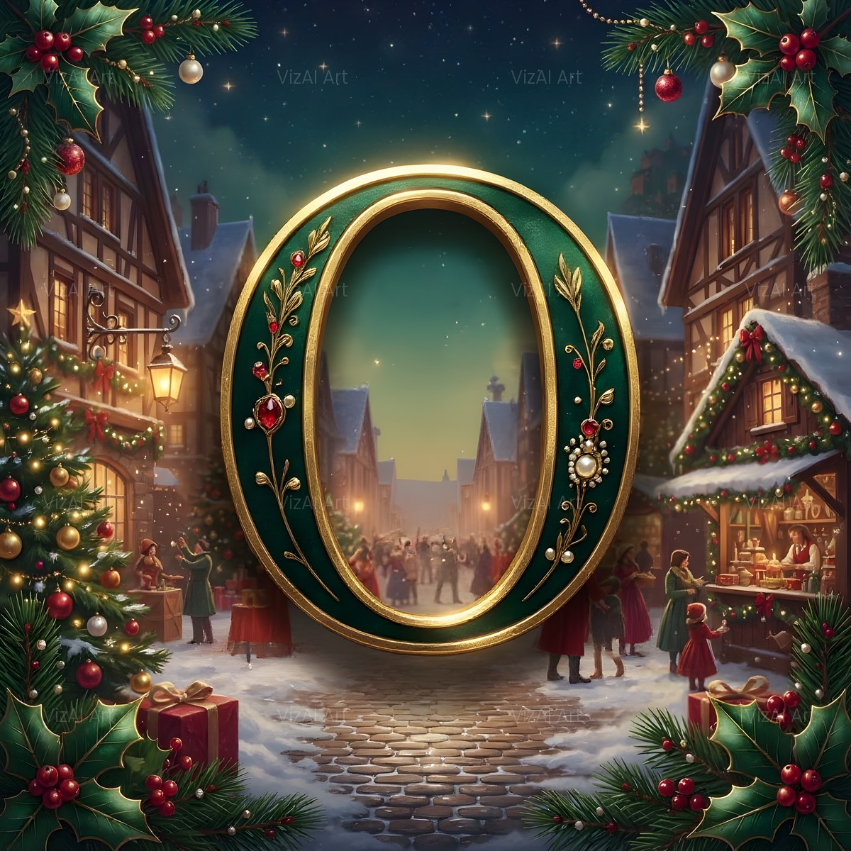 Christmas Snowy Village Night alphabet — printable letter O
