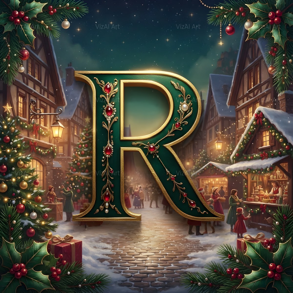 Christmas Snowy Village Night alphabet — printable letter R