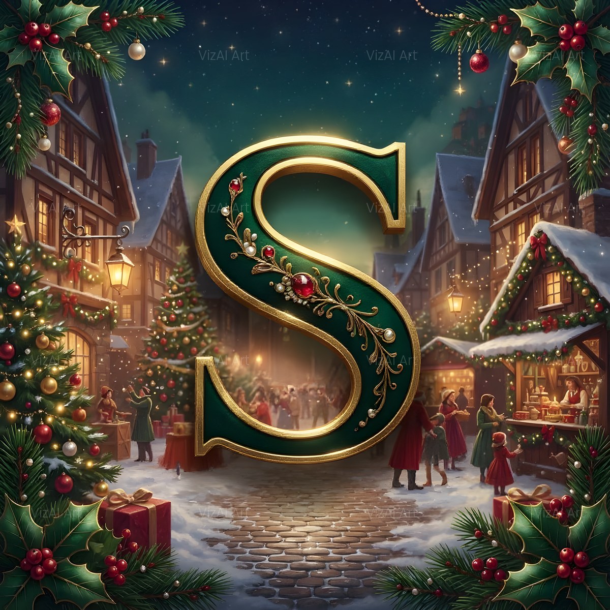 Christmas Snowy Village Night alphabet — printable letter S