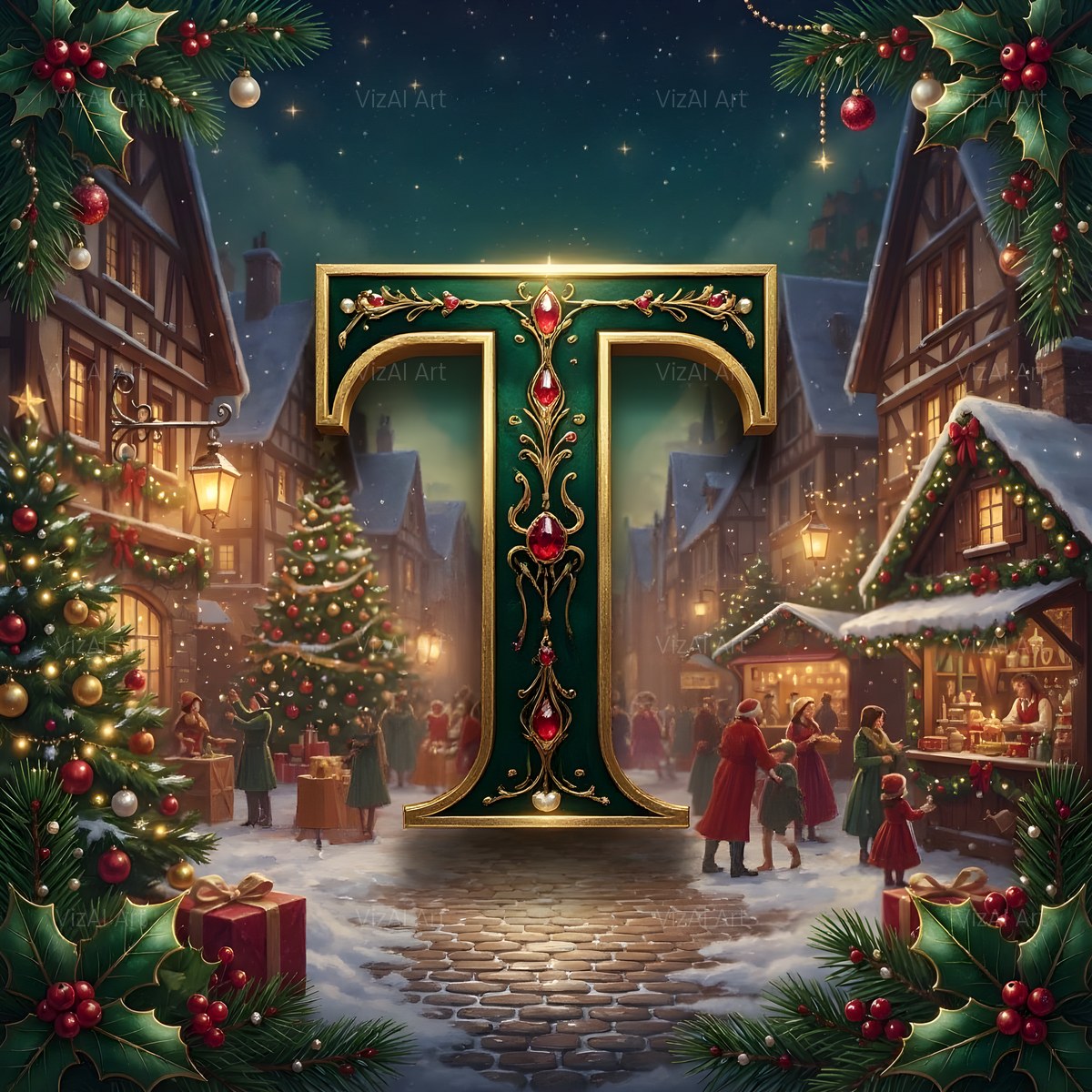 Christmas Snowy Village Night alphabet — printable letter T