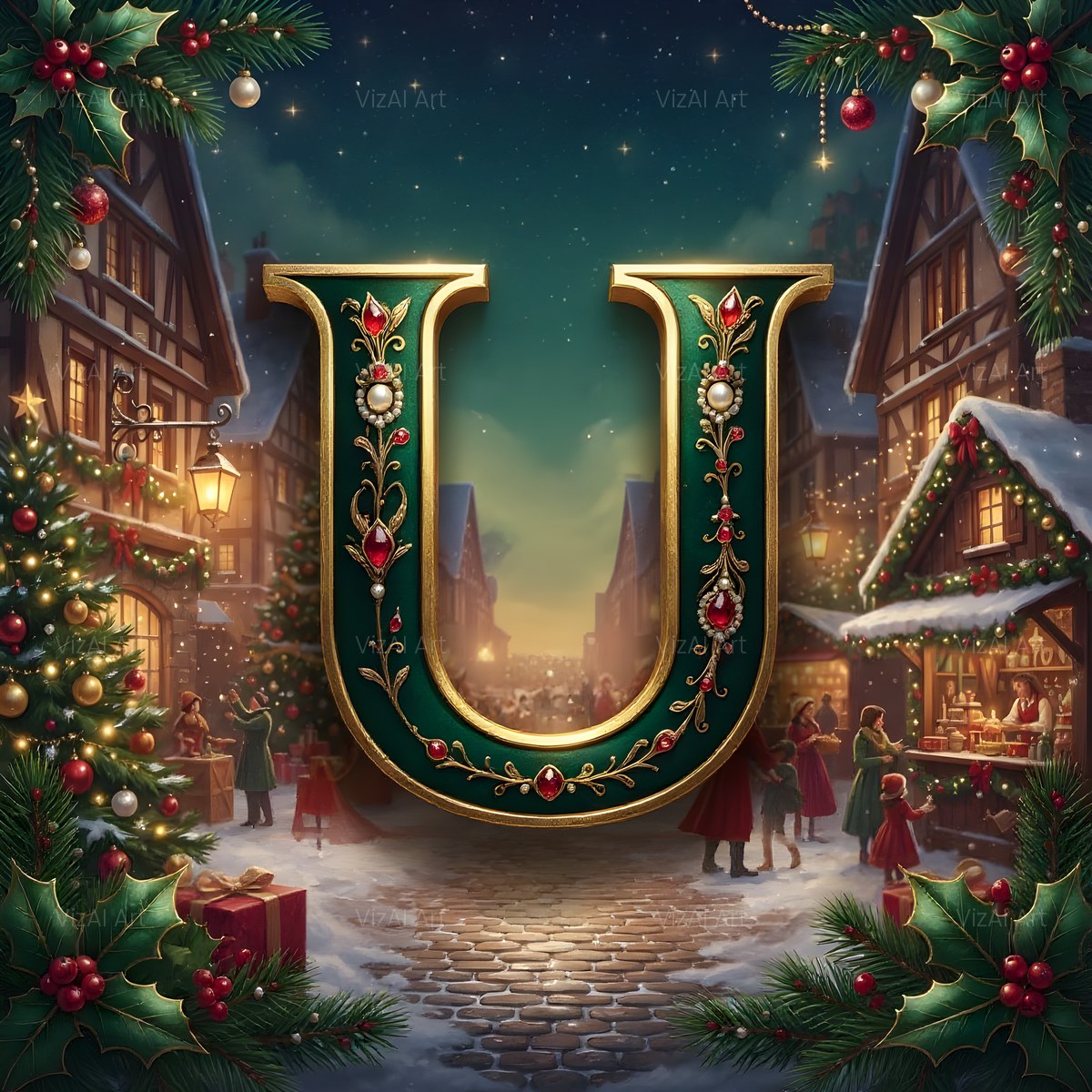 Christmas Snowy Village Night alphabet — printable letter U