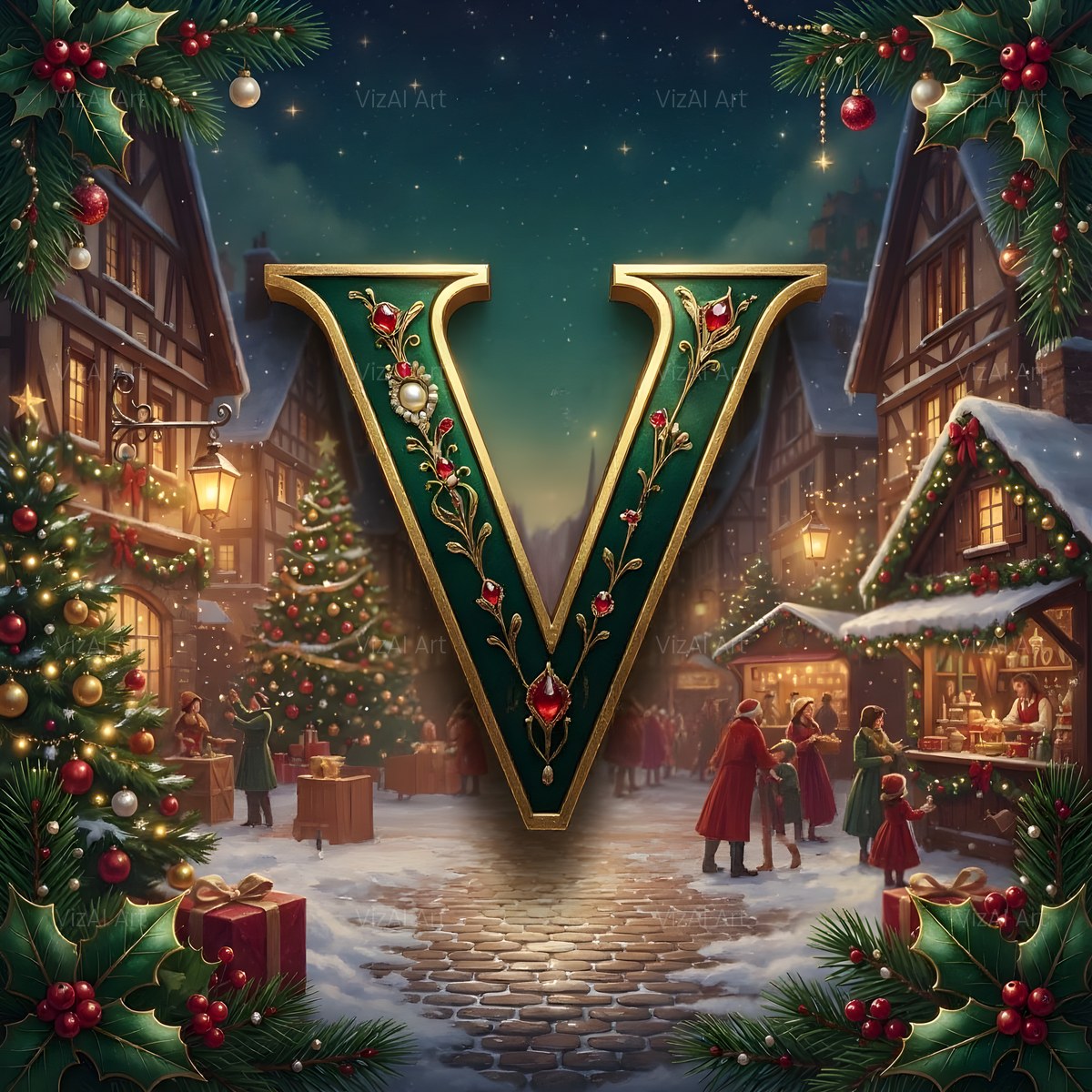Christmas Snowy Village Night alphabet — printable letter V