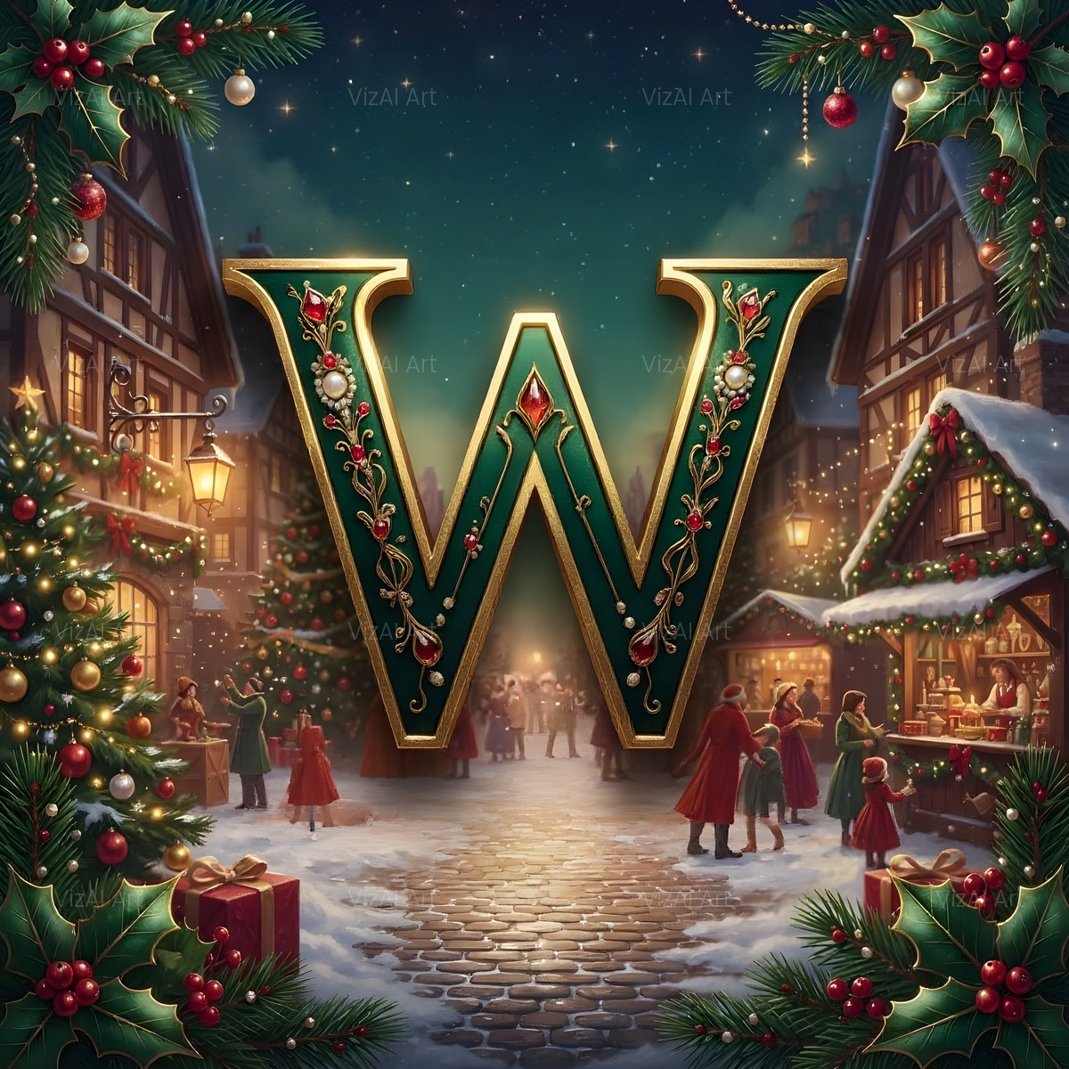 Christmas Snowy Village Night alphabet — printable letter W
