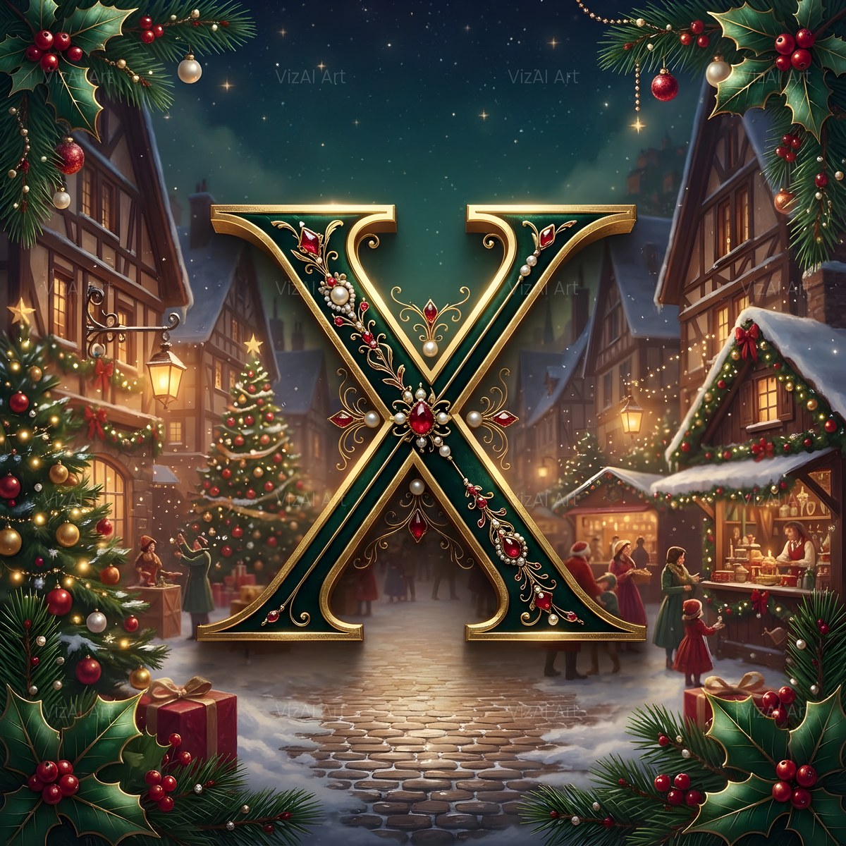 Christmas Snowy Village Night alphabet — printable letter X