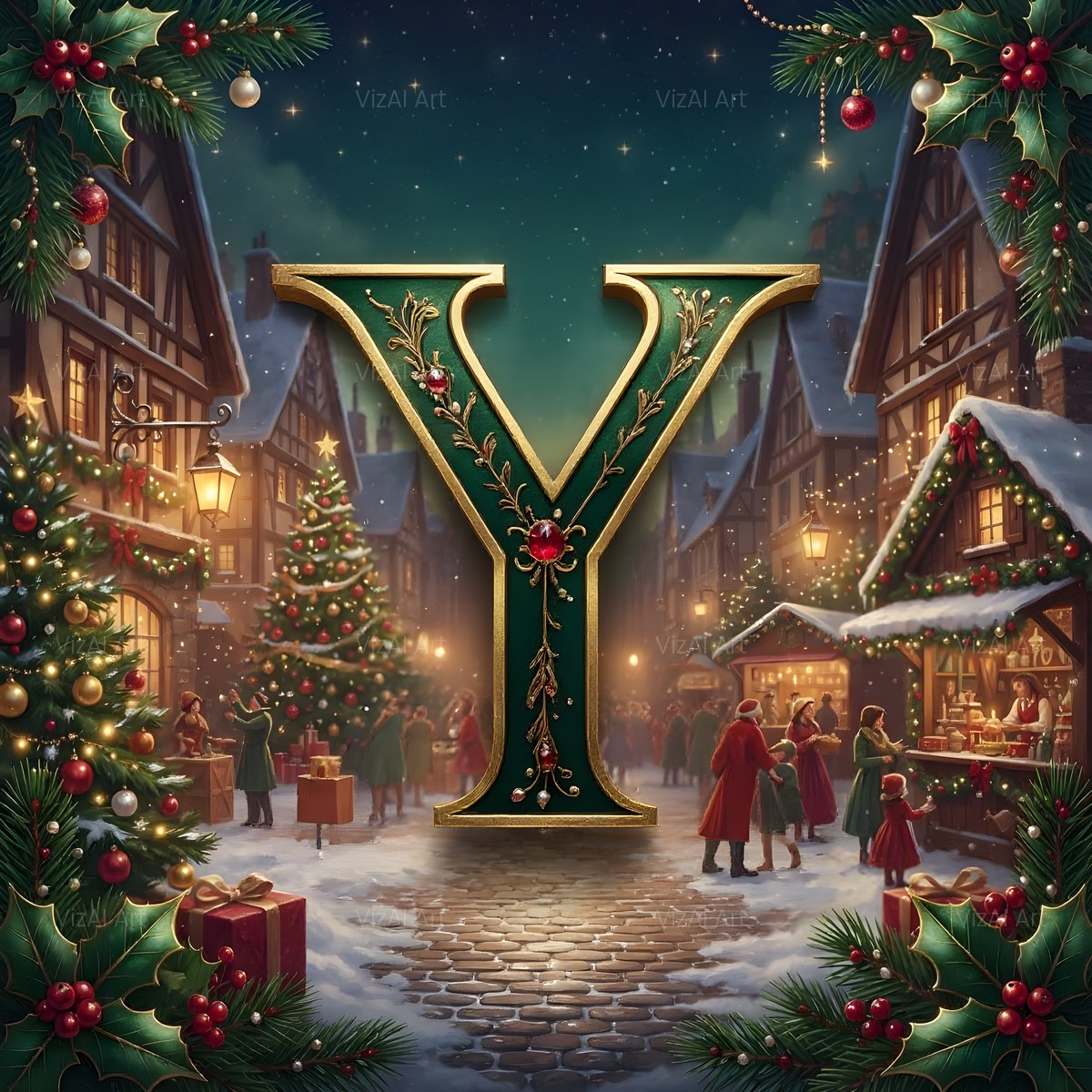 Christmas Snowy Village Night alphabet — printable letter Y