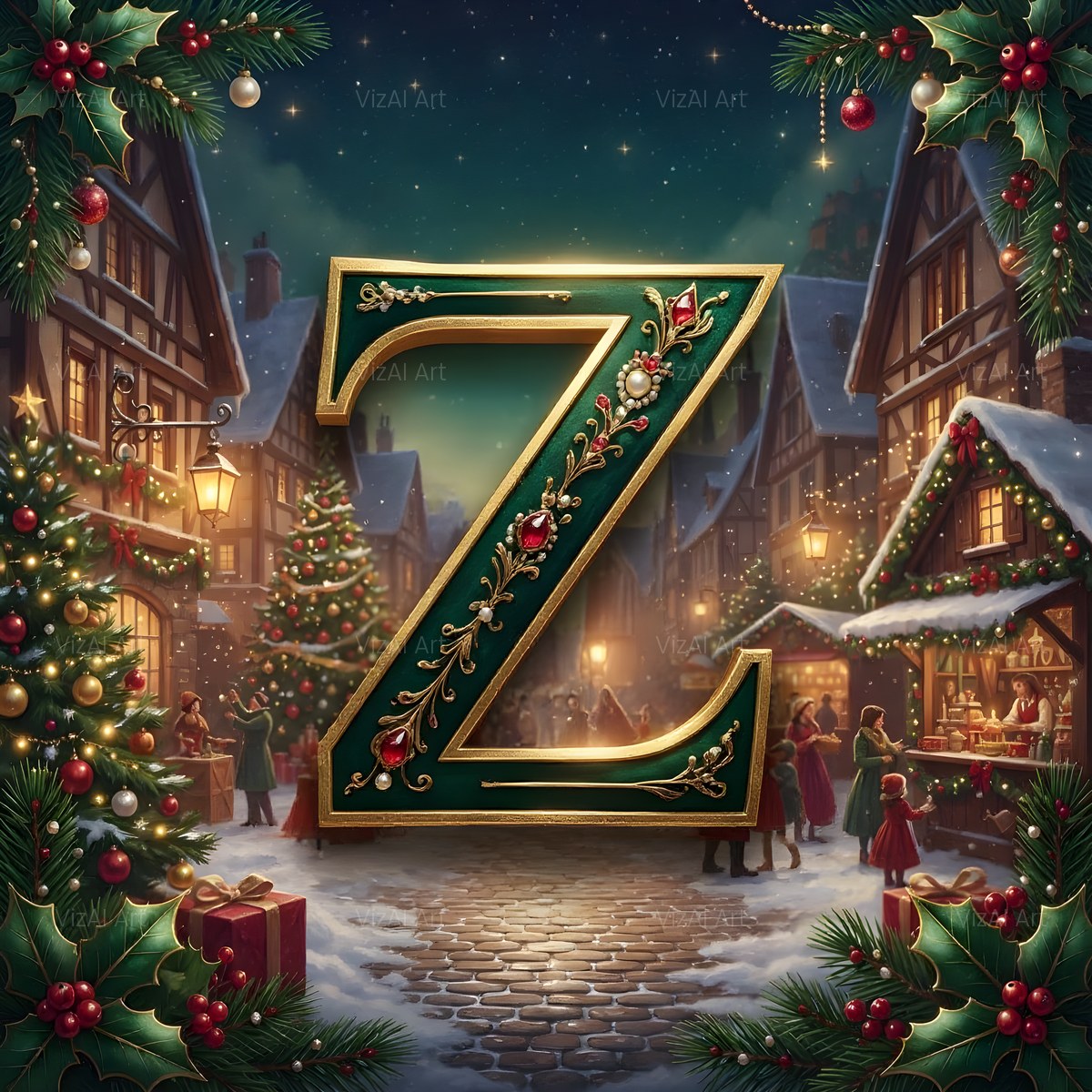 Christmas Snowy Village Night alphabet — printable letter Z