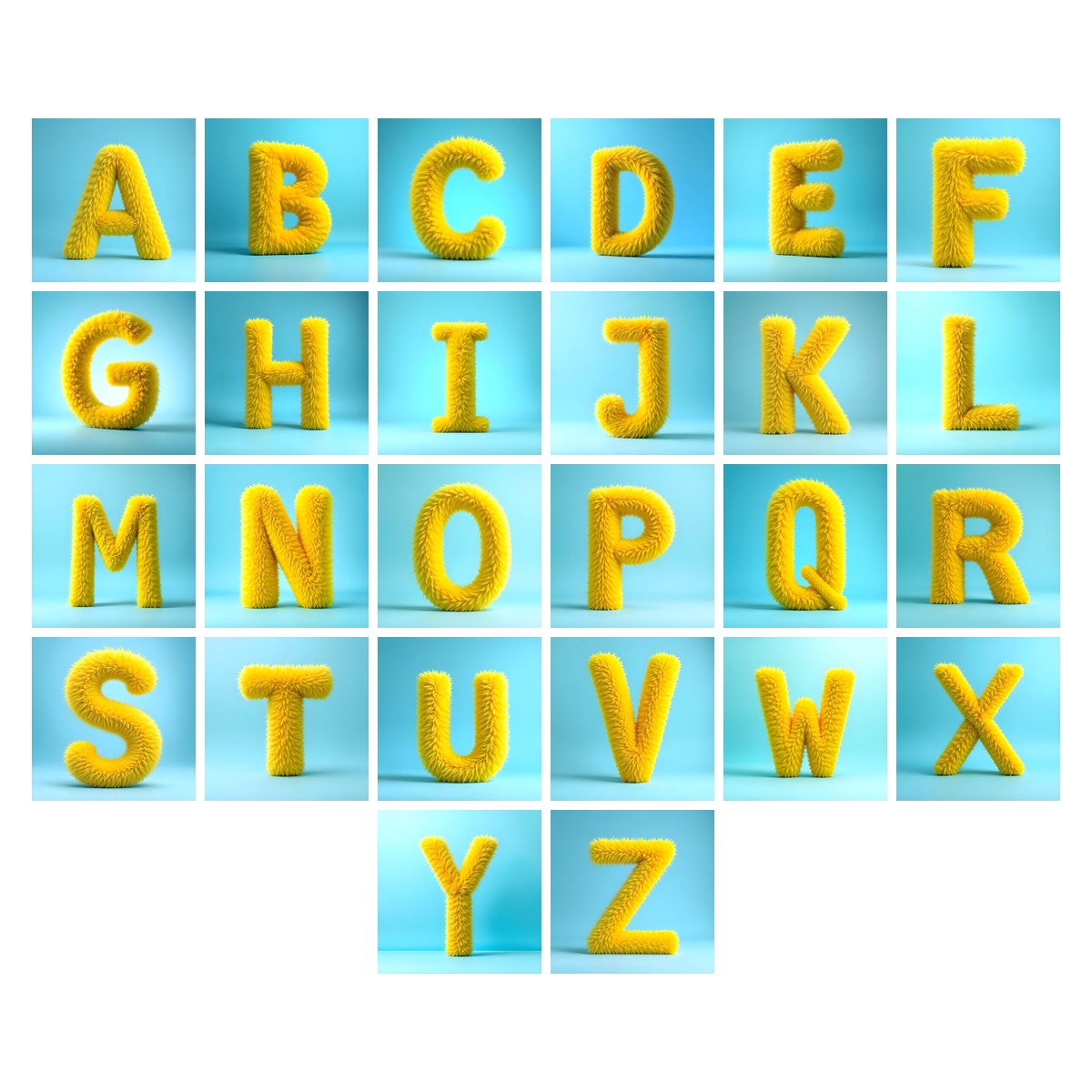 Yellow Plush Fur alphabet — all 26 letters A to Z, choose any single letter