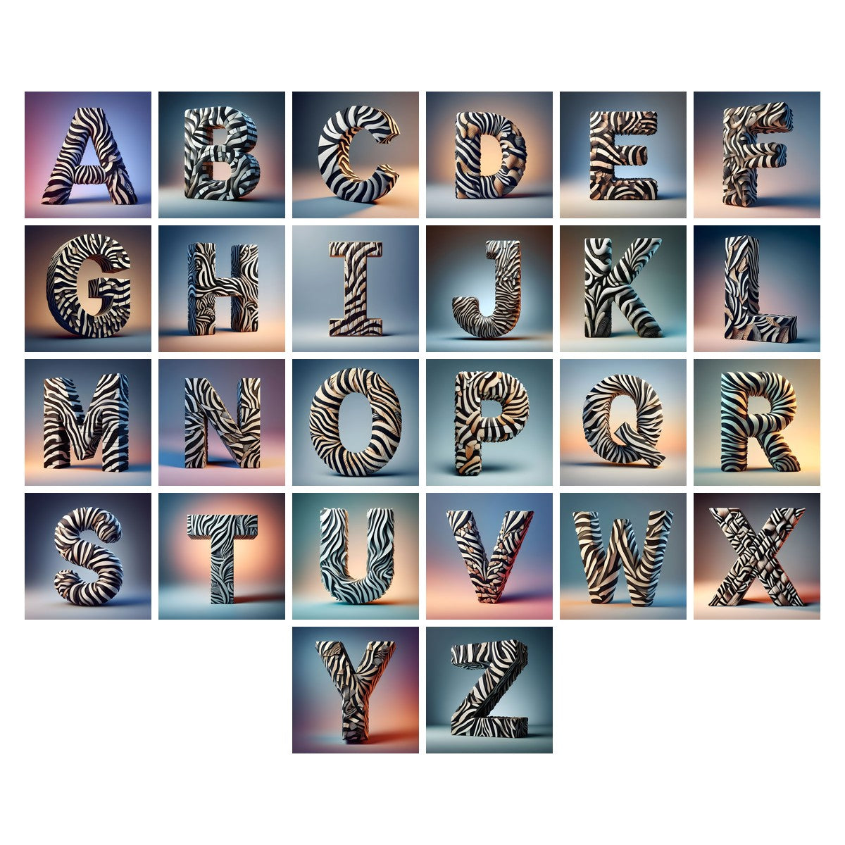 Zebra Stripe Leather alphabet — all 26 letters A to Z, choose any single letter