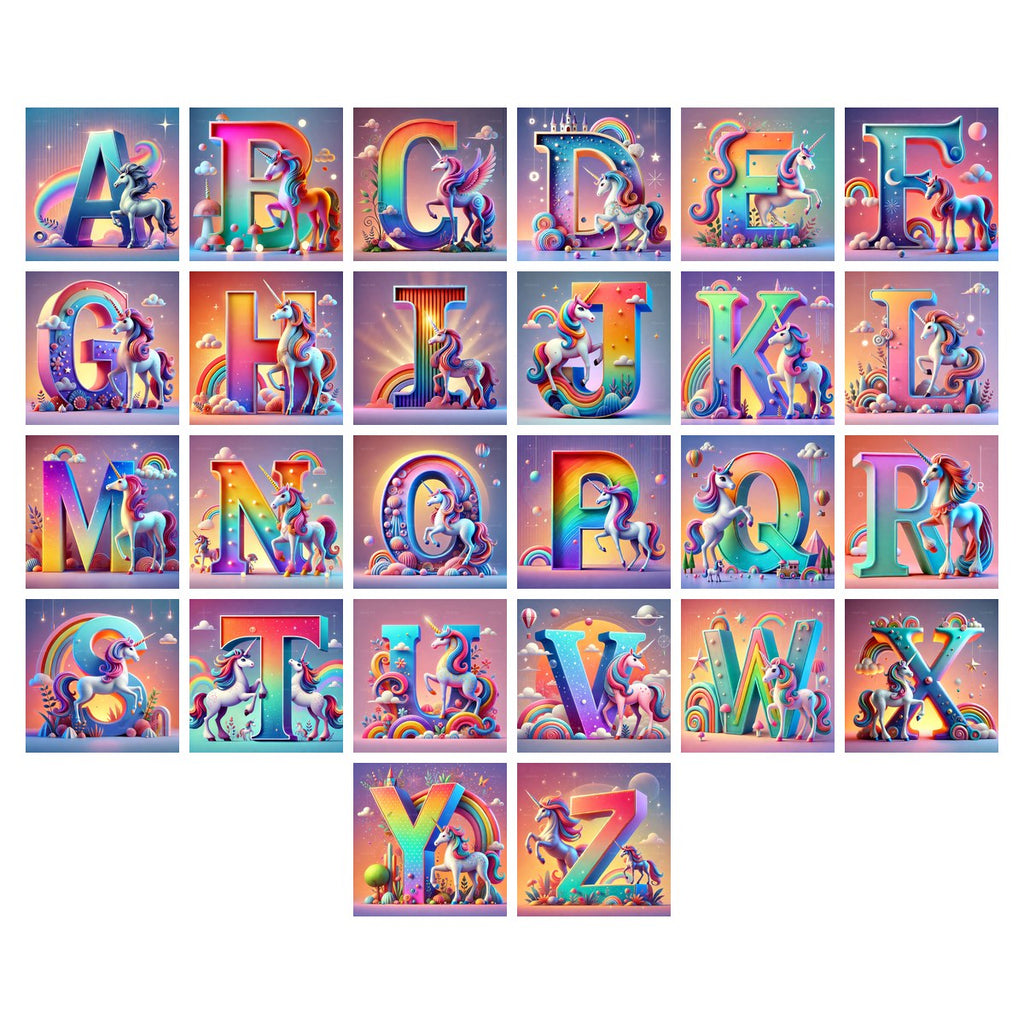 Rainbow Unicorn Alphabet — choose your individual printable letter A to Z