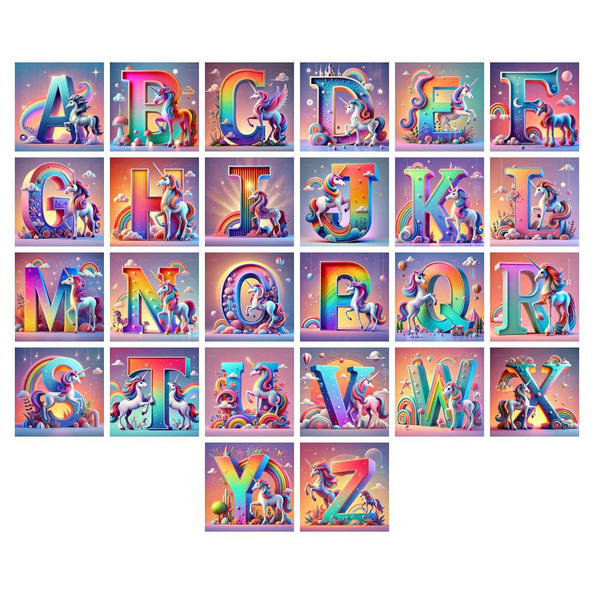 Rainbow Unicorn Alphabet — choose your individual printable letter A to Z