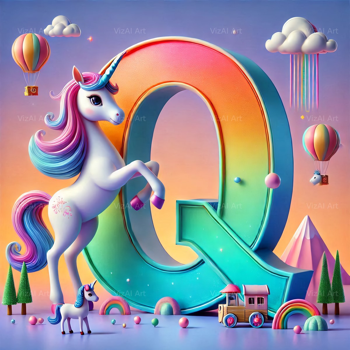 Unicorn alphabet letter Q