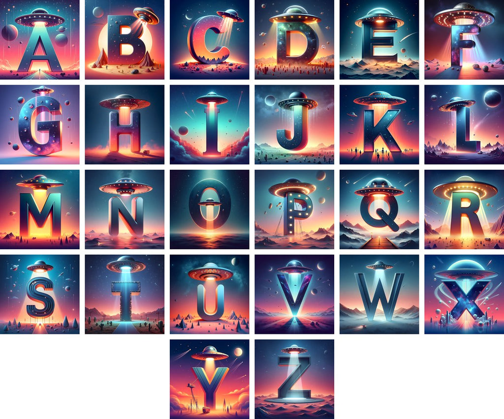 UFO Space Alphabet — choose your individual printable letter A to Z