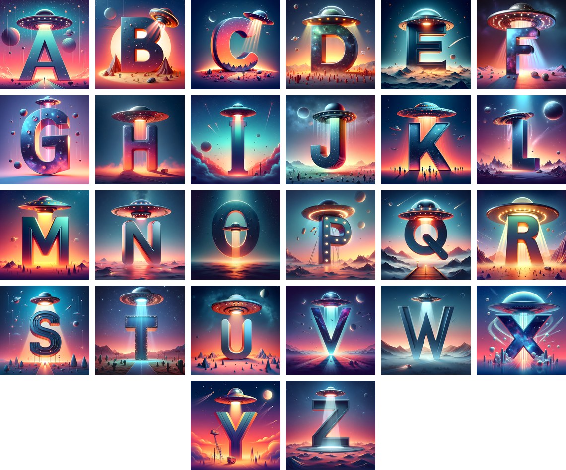 UFO Space Alphabet — choose your individual printable letter A to Z