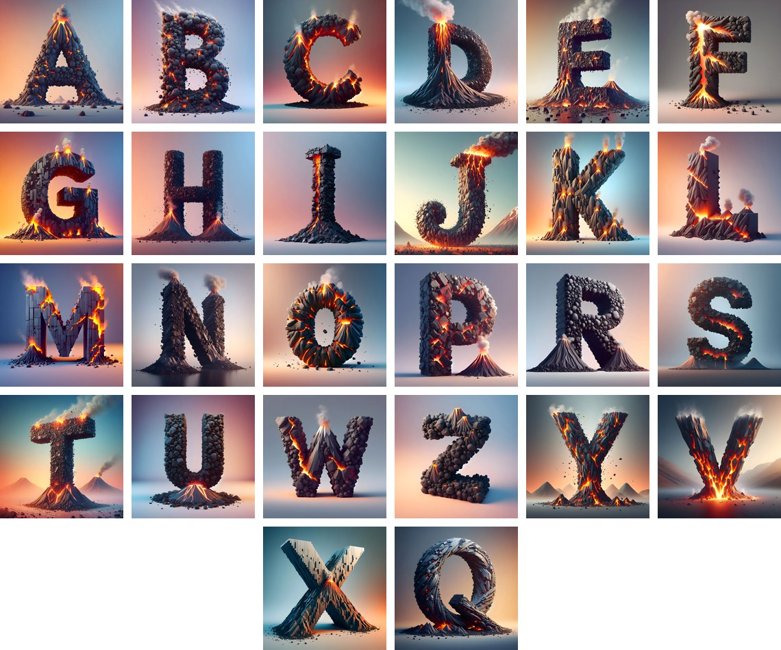 Volcano Alphabet — choose your individual printable letter A to Z
