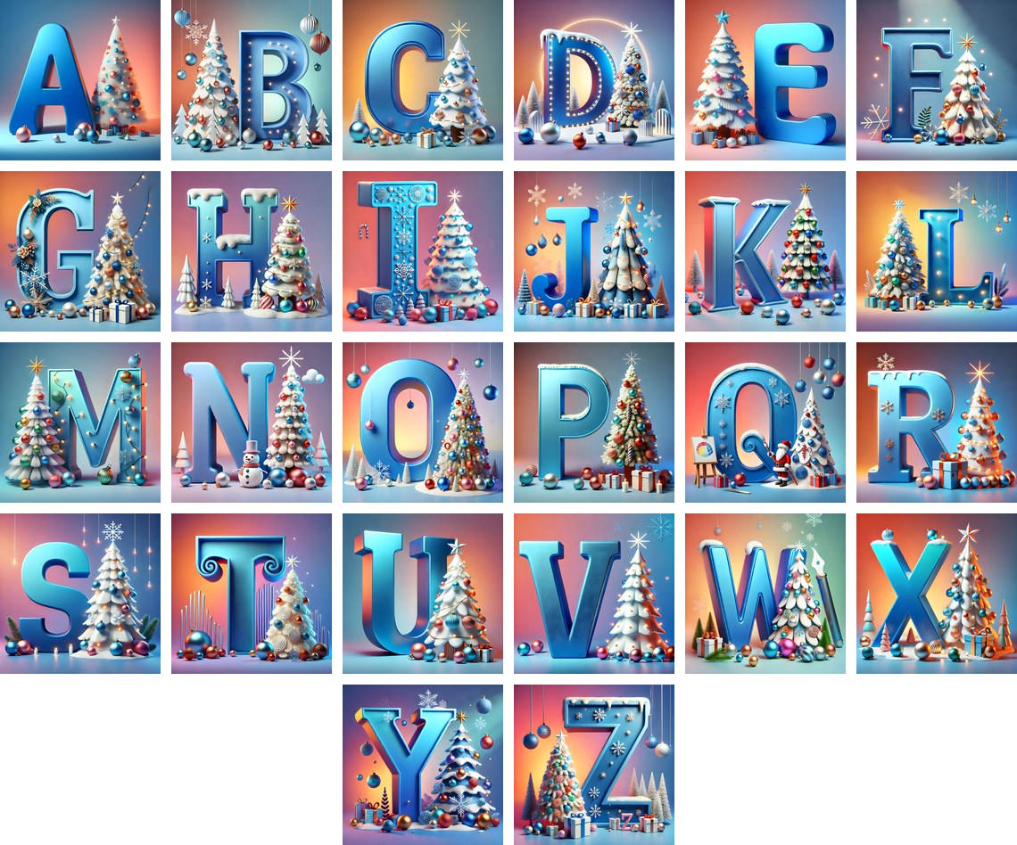 White Christmas Tree Alphabet — choose your individual printable letter A to Z