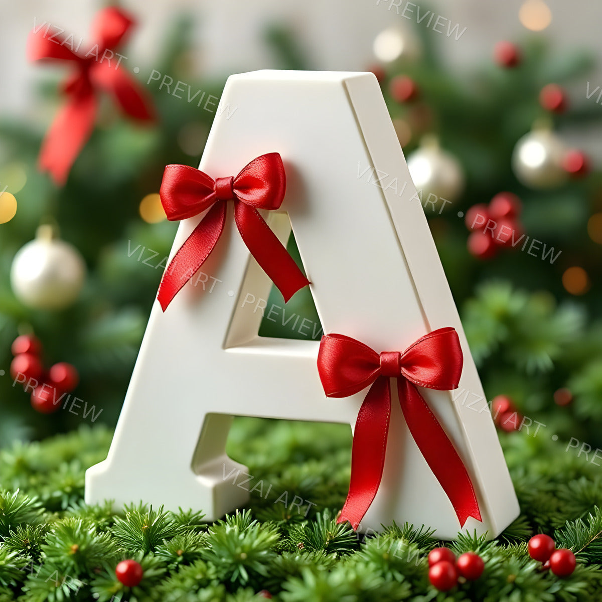 Christmas Ivory Ribbon Charm letter A printable alphabet preview