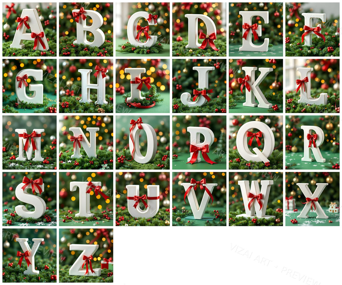 Christmas Ivory Ribbon Charm printable alphabet A to Z preview grid