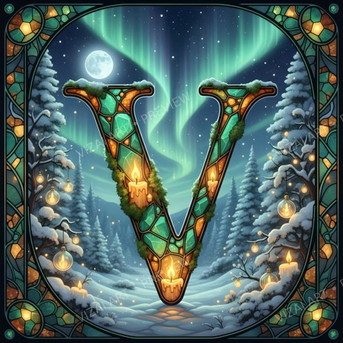 Christmas Amber Aurora Glow letter V printable alphabet preview