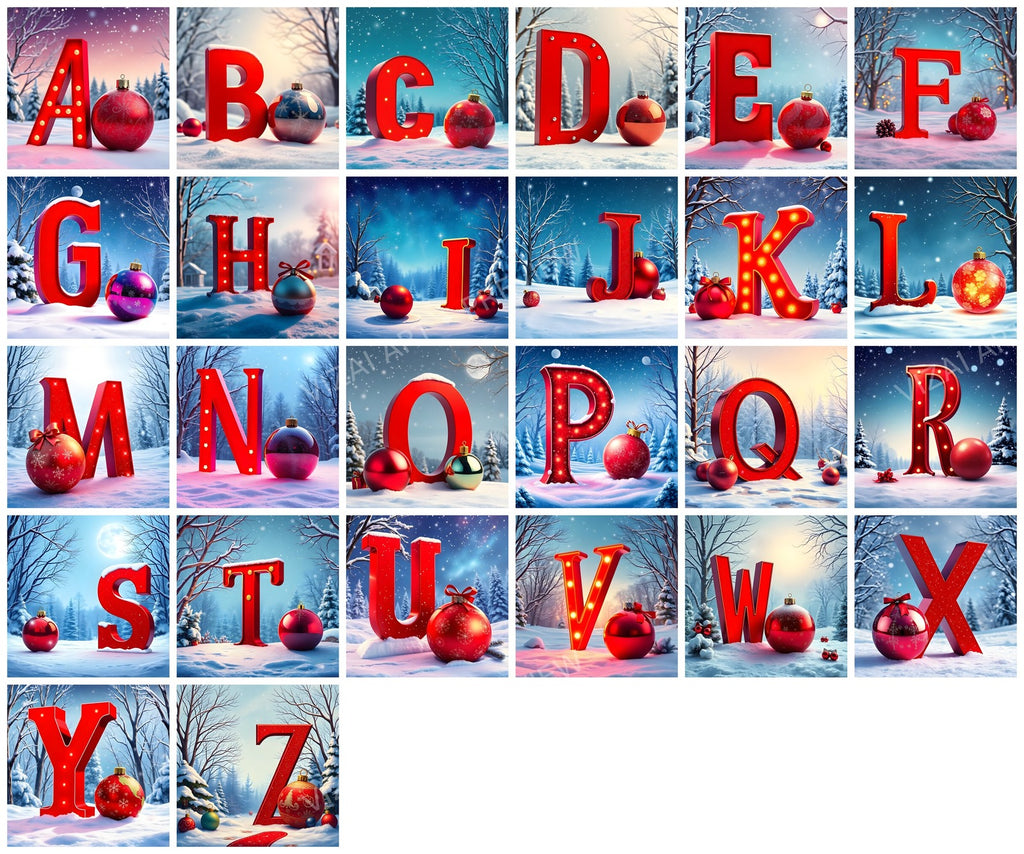 Christmas Scarlet Bauble Sparkle printable alphabet A to Z preview grid